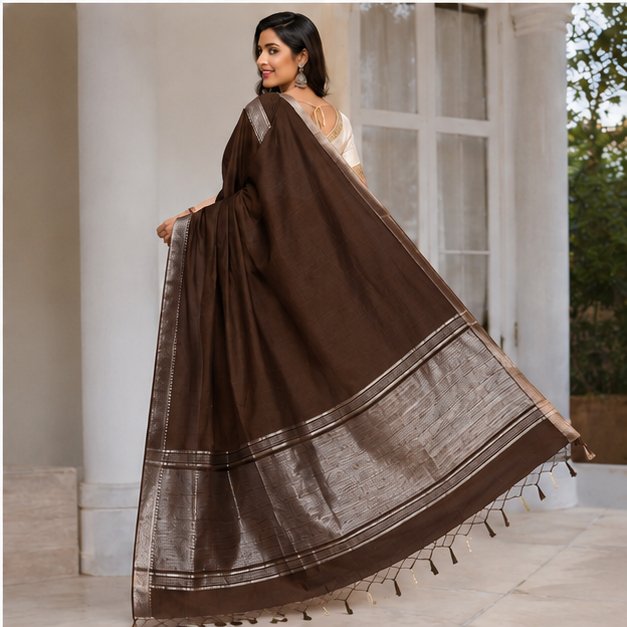 MANGALGIRI / NIZAM BORDER COTTON SAREE - Color:COFFEE