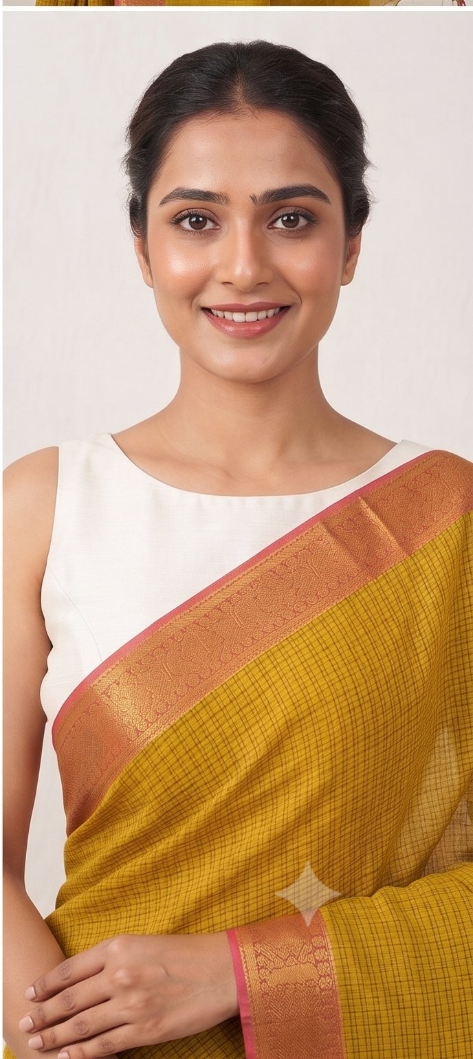 MANGALGIRI NIZAM BORDER MISSING CHECK COTTON SAREE - Color:MUSTARD YELLOW