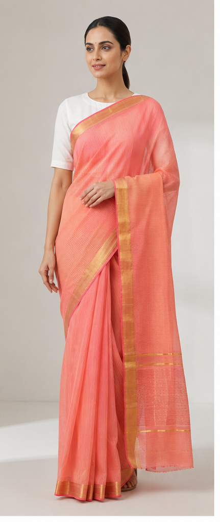 MANGALGIRI NIZAM BORDER MISSING CHECK COTTON SAREE - Color:SALMON PINK