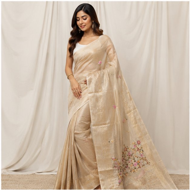 TISSUE SAREE WITH HAND EMBROIDERY WORK - View 2