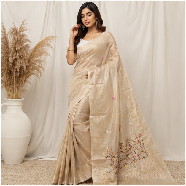 TISSUE SAREE WITH HAND EMBROIDERY WORK - View 4