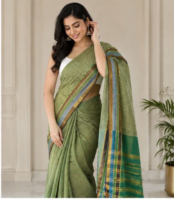 MANGALGIRI NIZAM BORDER  COTTON SAREE WITH MISSING CHECK - Color:PARROT GREEN