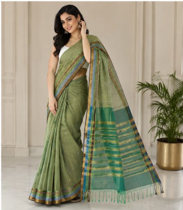 MANGALGIRI NIZAM BORDER  COTTON SAREE WITH MISSING CHECK - View 3