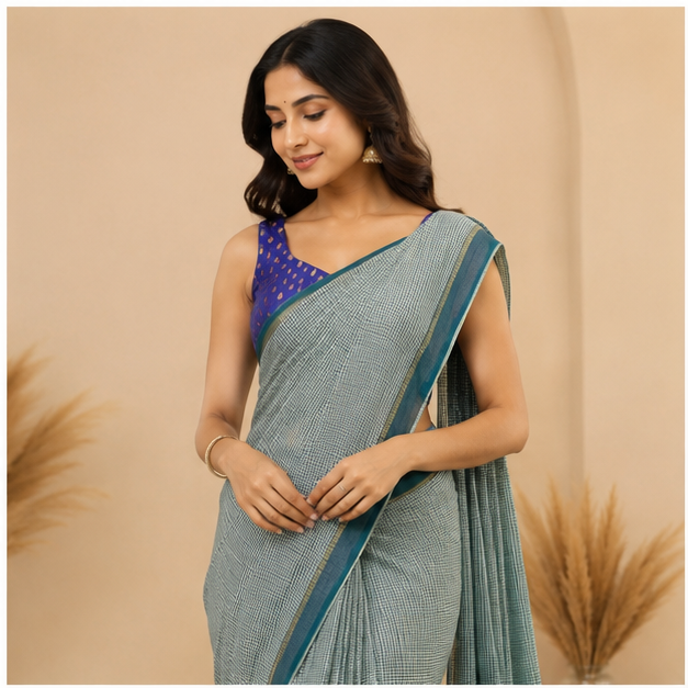 MANGALGIRI NIZAM BORDER  COTTON SAREE WITH MISSING CHECK - Color:SKY BLUE