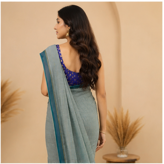 MANGALGIRI NIZAM BORDER  COTTON SAREE WITH MISSING CHECK - View 6