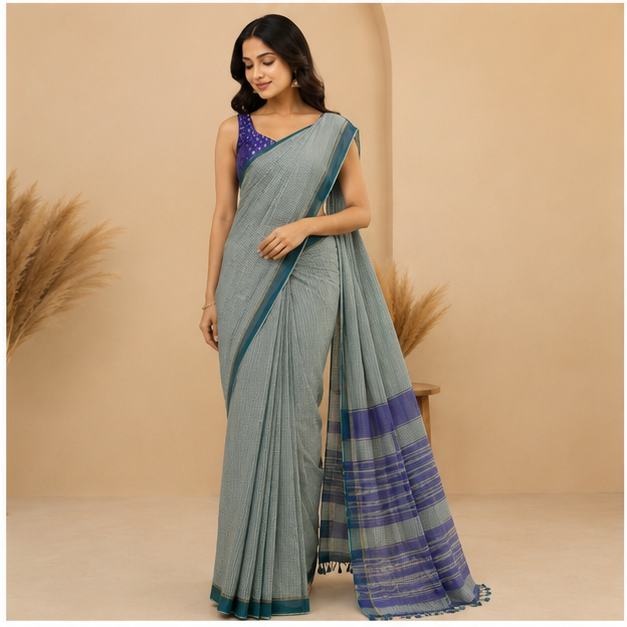 MANGALGIRI NIZAM BORDER  COTTON SAREE WITH MISSING CHECK - View 7
