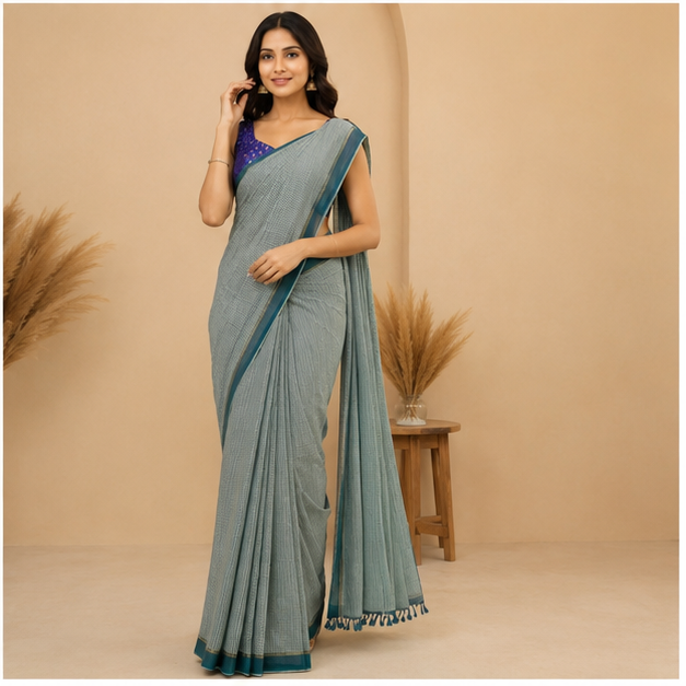 MANGALGIRI NIZAM BORDER  COTTON SAREE WITH MISSING CHECK - View 8