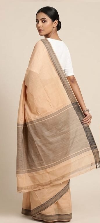 MANGALGIRI NIZAM COTTON BORDER SAREE - Color:SOFT WARM PEACH BEIGE