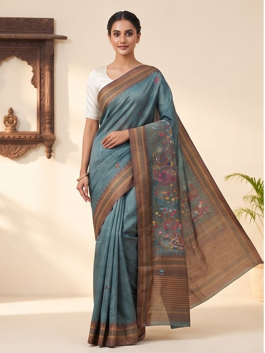 SEMI TUSSAR WITH HAND EMBROIDERY SAREE - View 2