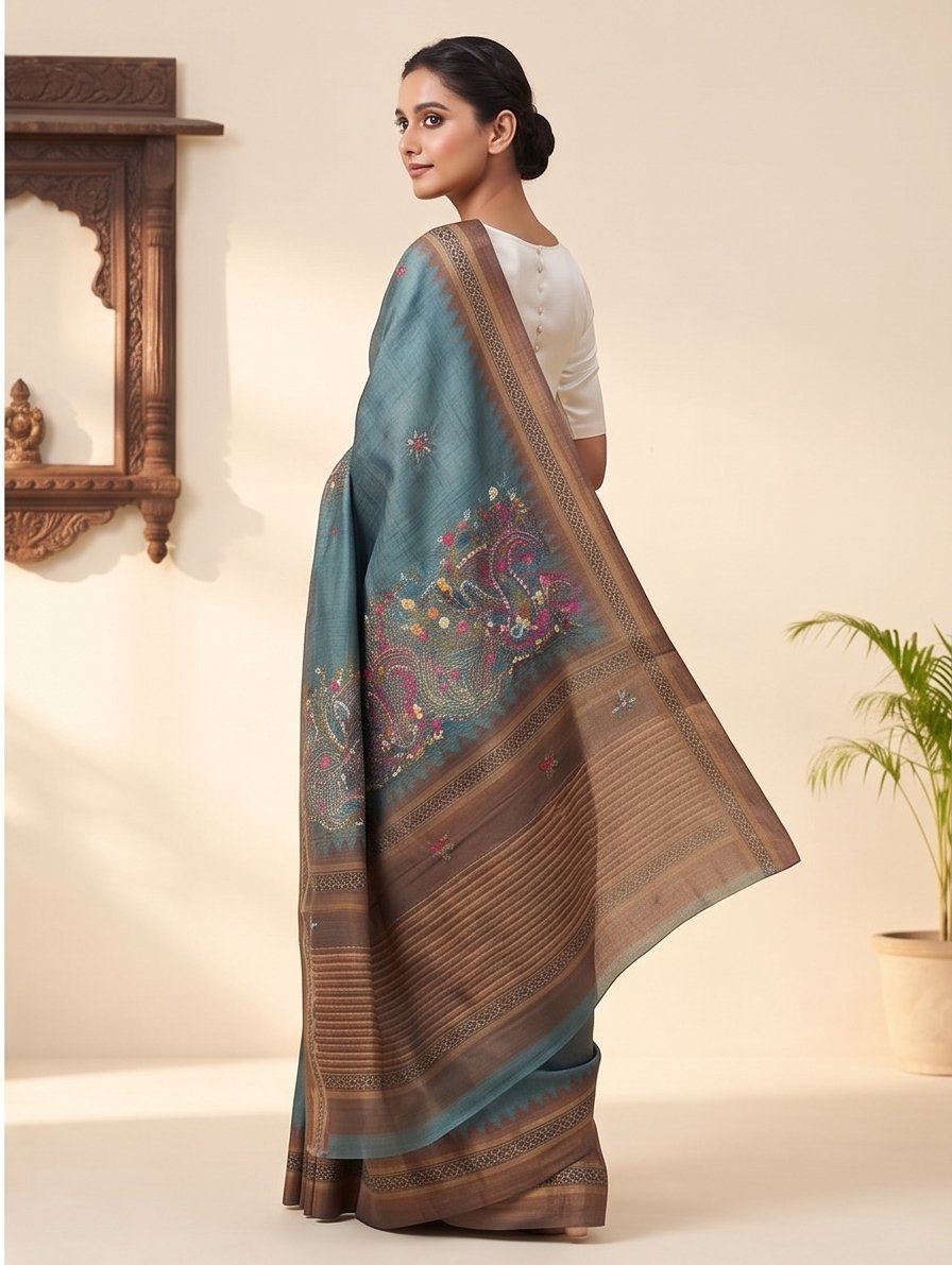 SEMI TUSSAR WITH HAND EMBROIDERY SAREE - View 3