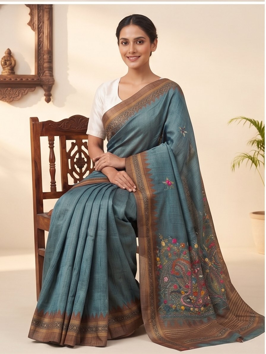 SEMI TUSSAR WITH HAND EMBROIDERY SAREE - View 4