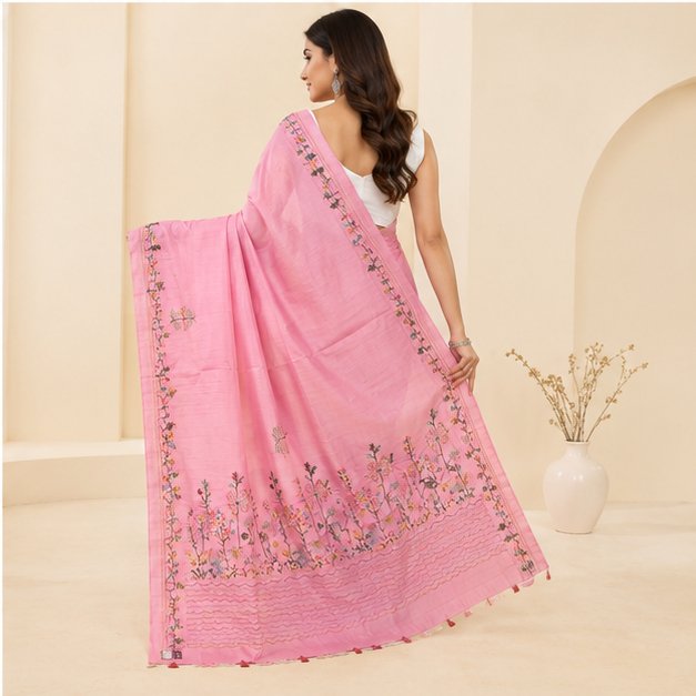 SEMI TUSSAR SAREE WITH HAND EMBROIDERY WORK