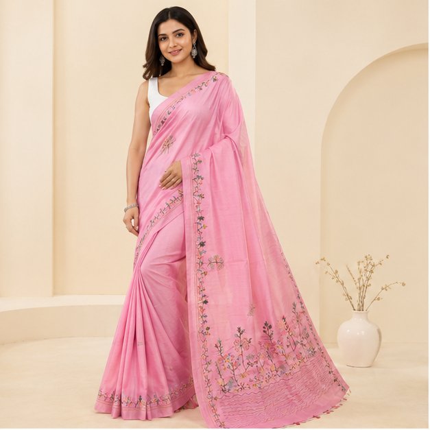 SEMI TUSSAR SAREE WITH HAND EMBROIDERY WORK - View 2