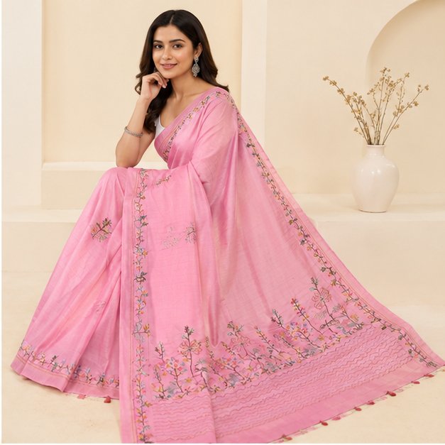 SEMI TUSSAR SAREE WITH HAND EMBROIDERY WORK - View 3