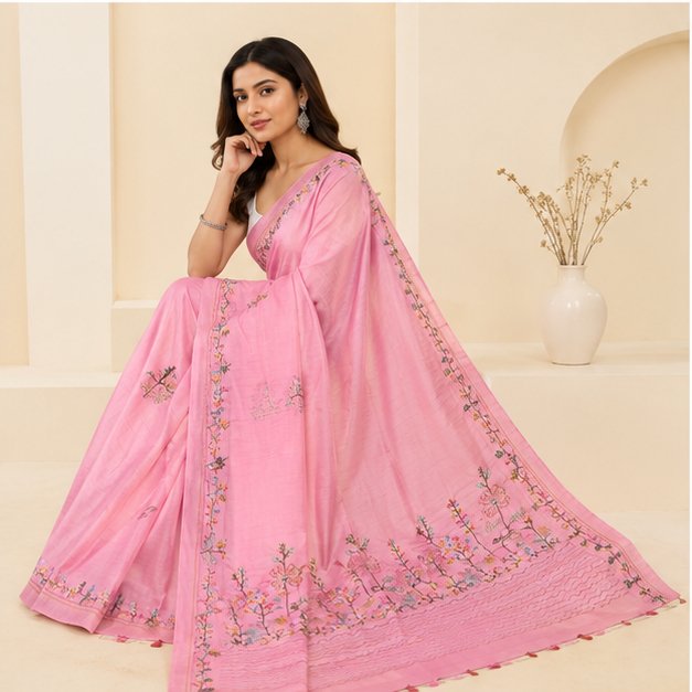 SEMI TUSSAR SAREE WITH HAND EMBROIDERY WORK - View 4