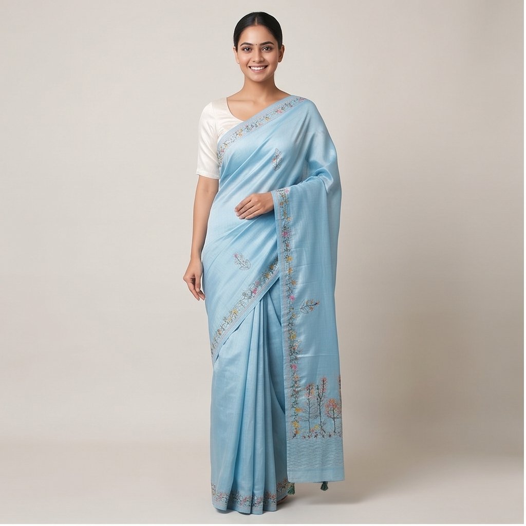SEMI TUSSAR SAREE WITH HAND EMBROIDERY WORK - View 5