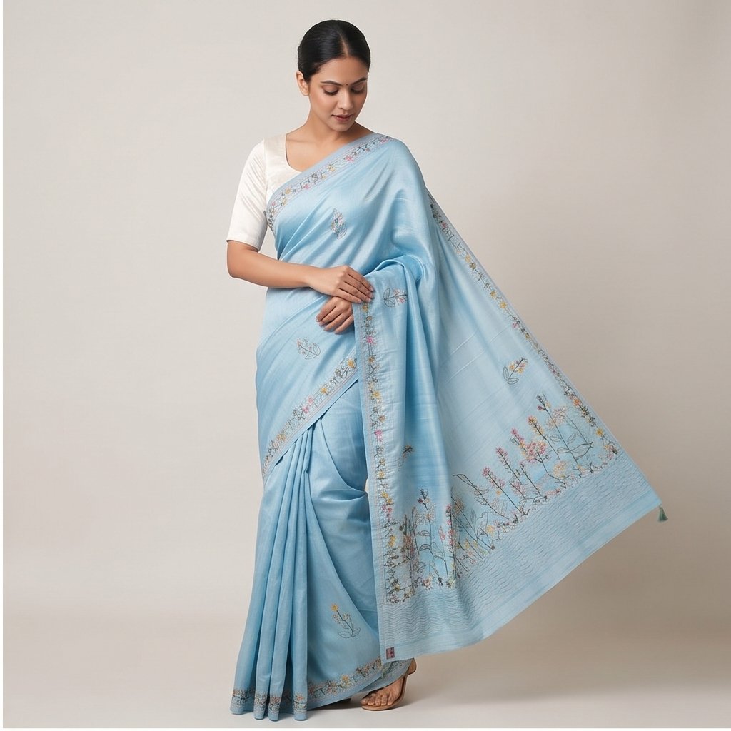 SEMI TUSSAR SAREE WITH HAND EMBROIDERY WORK - View 6