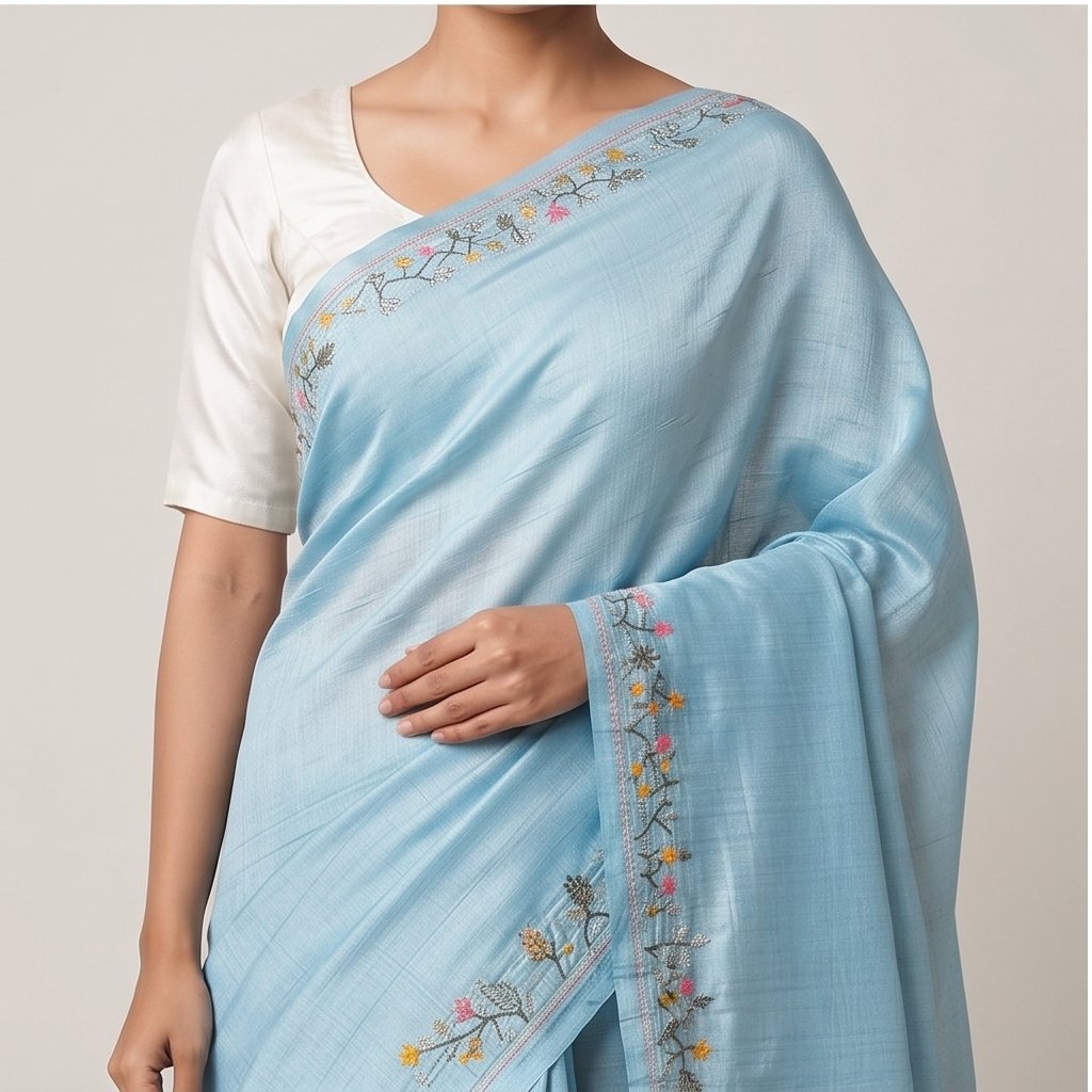 SEMI TUSSAR SAREE WITH HAND EMBROIDERY WORK - View 7