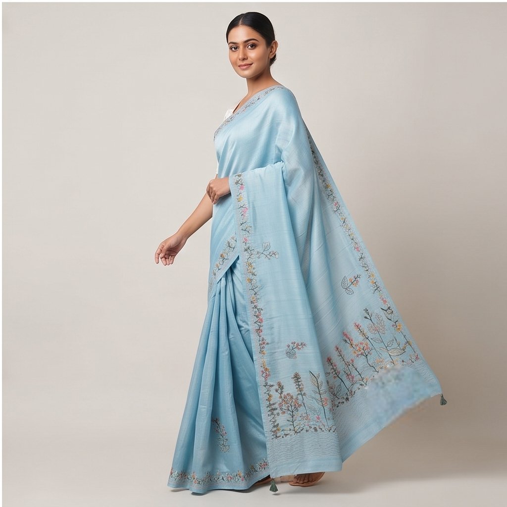 SEMI TUSSAR SAREE WITH HAND EMBROIDERY WORK - View 8