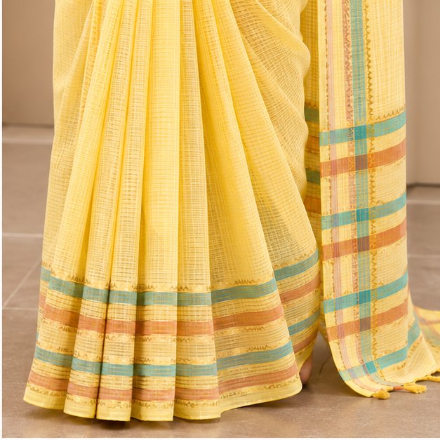 MANGALGIRI 6 LINE ZARI BORDER COTTON SAREE - Color:LEMON YELLOW