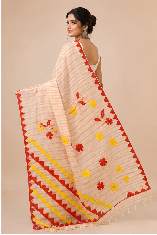 DHANIAKHALI COTTON SAREE APPLICK(RED-YELLOW) - View 3