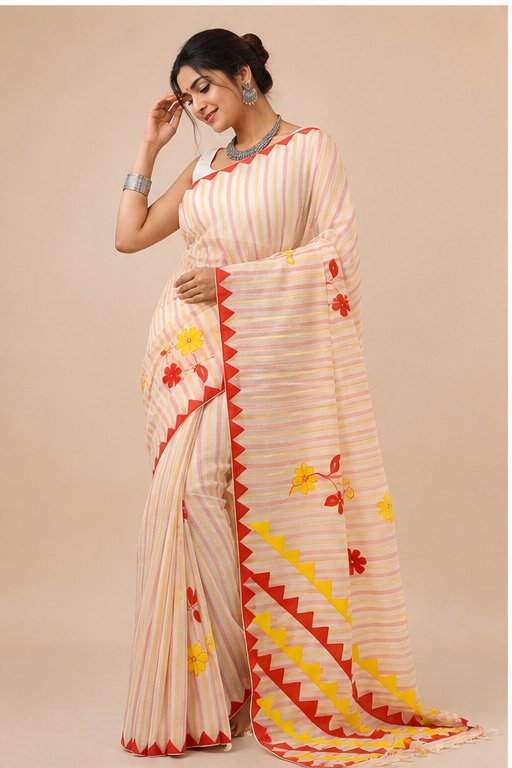 DHANIAKHALI COTTON SAREE APPLICK(RED-YELLOW) - View 4