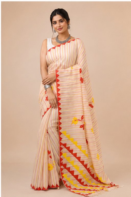 DHANIAKHALI COTTON SAREE APPLICK(RED-YELLOW) - View 5