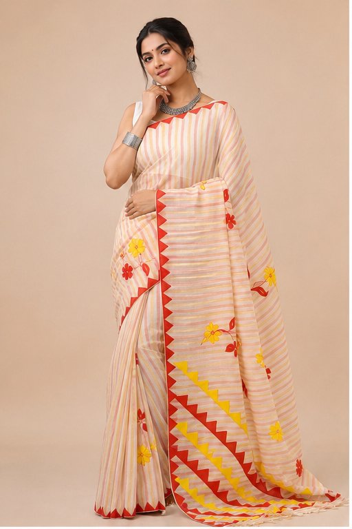 DHANIAKHALI COTTON SAREE APPLICK(RED-YELLOW) - View 6