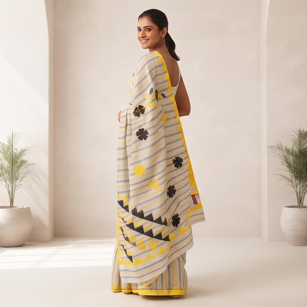 DHANIAKHALI COTTON SAREE APPLICK (BLACK-YELLOW)