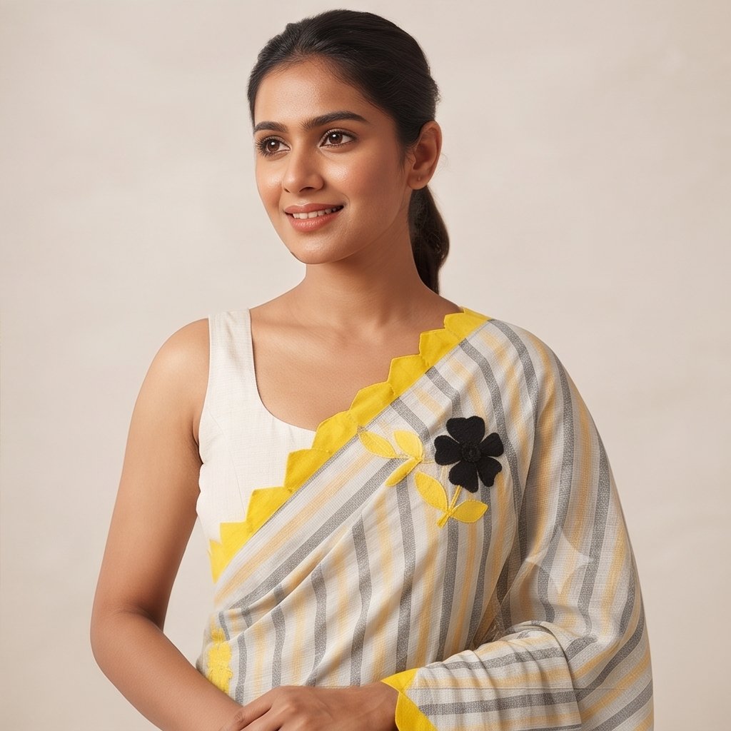 DHANIAKHALI COTTON SAREE APPLICK (BLACK-YELLOW) - View 2
