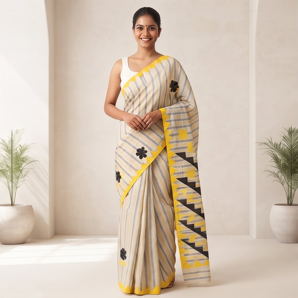 DHANIAKHALI COTTON SAREE APPLICK (BLACK-YELLOW) - View 3