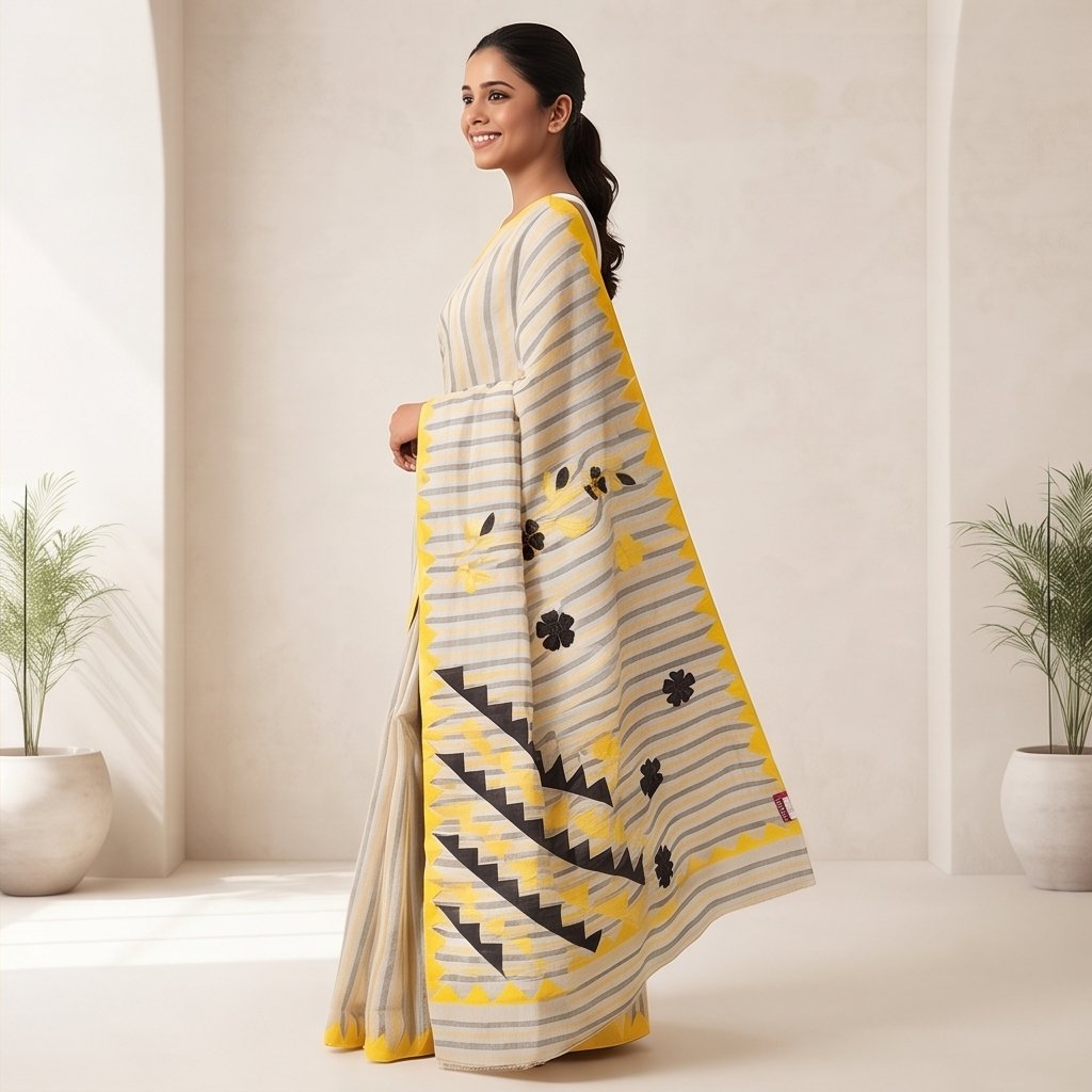 DHANIAKHALI COTTON SAREE APPLICK (BLACK-YELLOW) - View 4