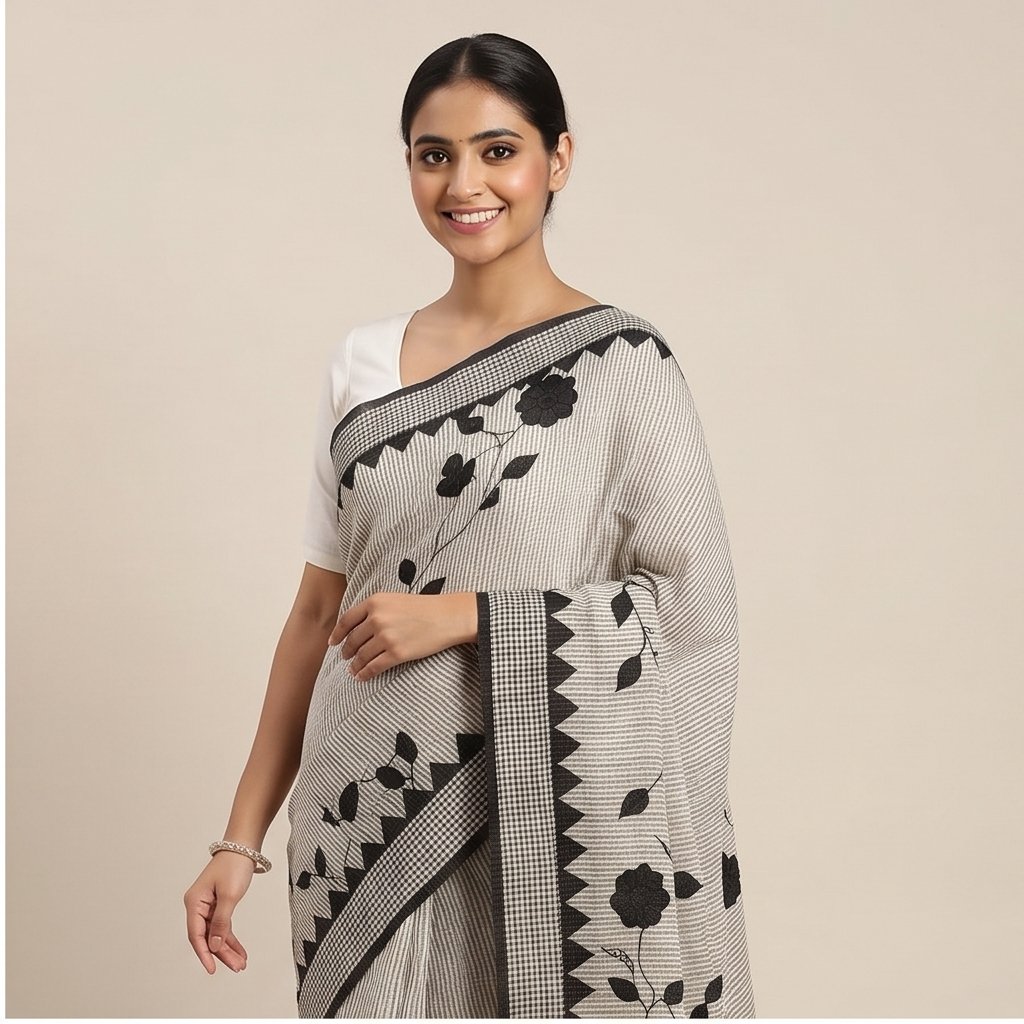 DHANIAKHALI COTTON SAREE APPLICK(BLACK-WHITE)