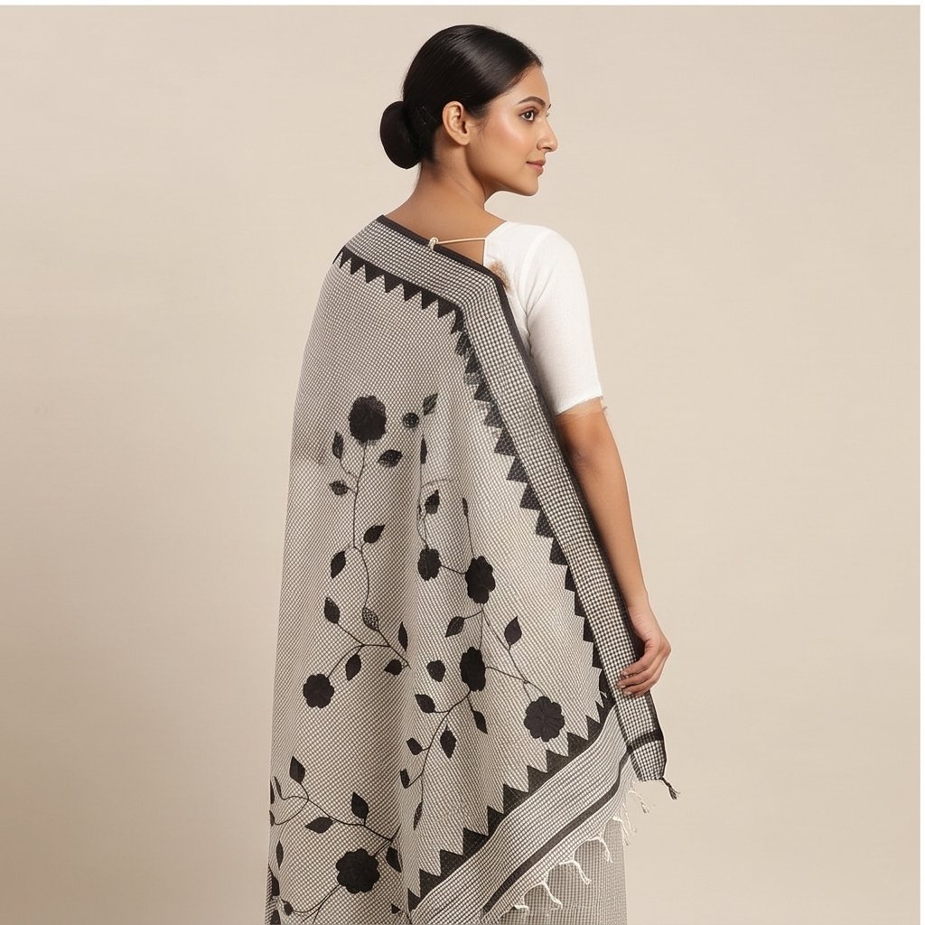DHANIAKHALI COTTON SAREE APPLICK(BLACK-WHITE) - View 2