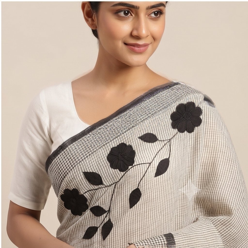 DHANIAKHALI COTTON SAREE APPLICK(BLACK-WHITE) - View 3