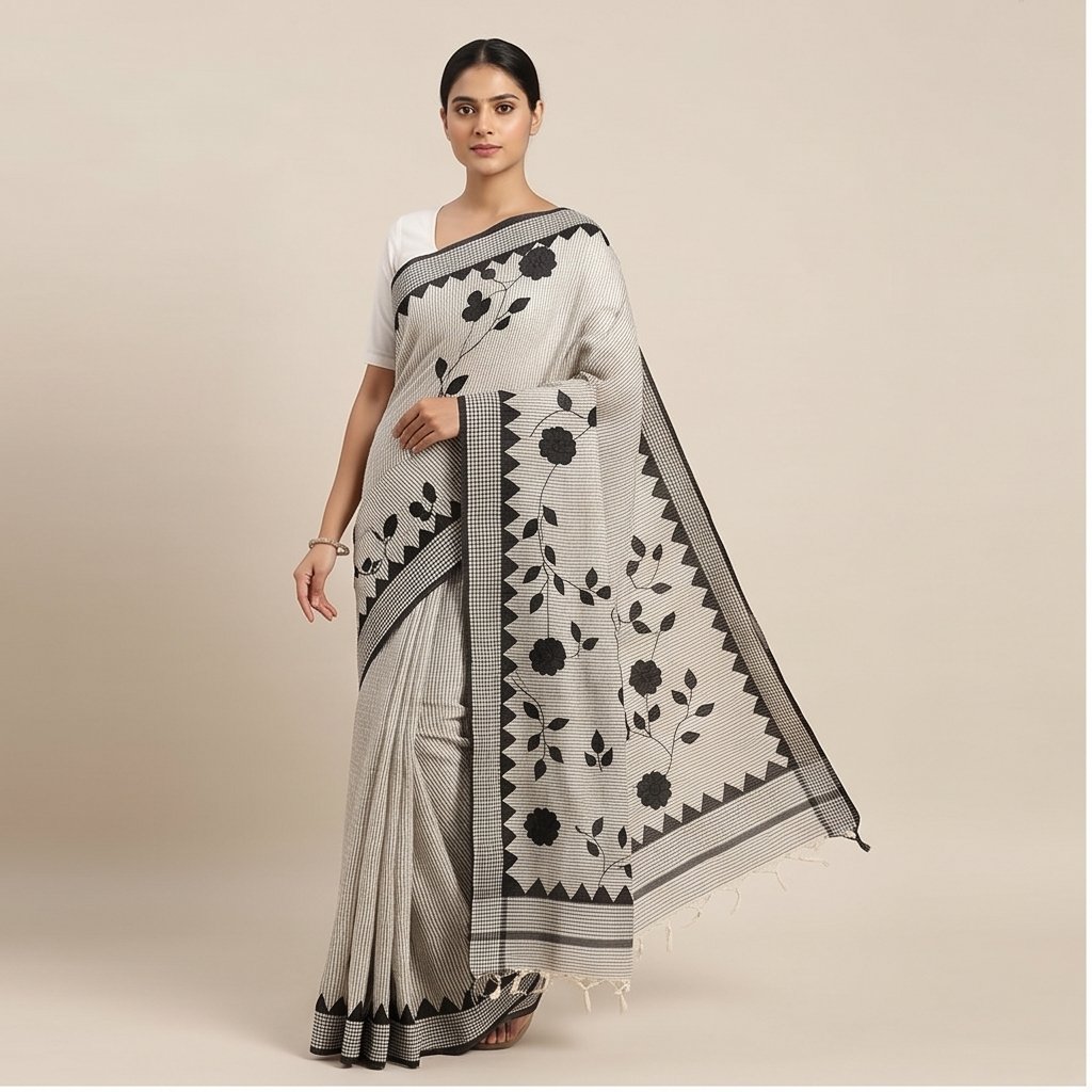 DHANIAKHALI COTTON SAREE APPLICK(BLACK-WHITE) - View 4