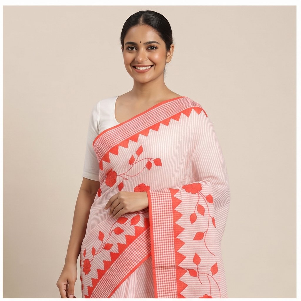 DHANIAKHALI COTTON SAREE APPLICK(RED-WHITE)