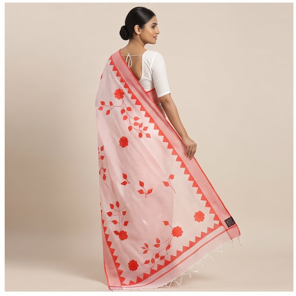 DHANIAKHALI COTTON SAREE APPLICK(RED-WHITE) - View 2