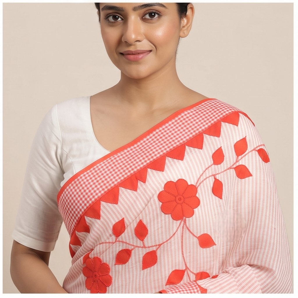 DHANIAKHALI COTTON SAREE APPLICK(RED-WHITE) - View 3