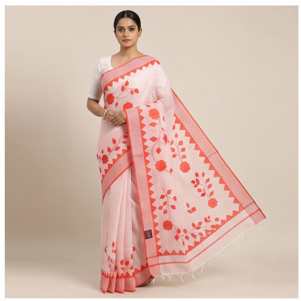 DHANIAKHALI COTTON SAREE APPLICK(RED-WHITE) - View 4