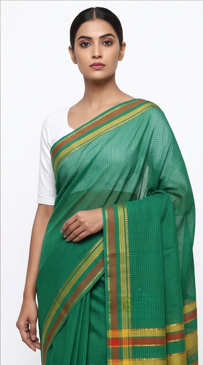 MANGALGIRI 6 LINE ZARI BORDER COTTON SAREE - Color:Green