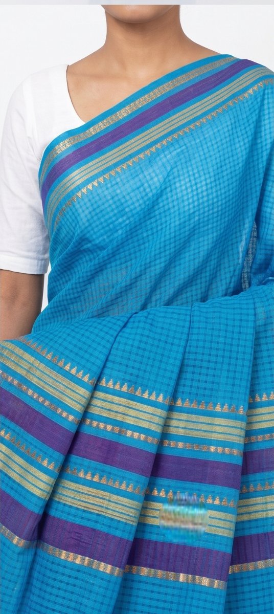 MANGALGIRI 6 LINE ZARI BORDER COTTON SAREE - Color:AZURE BLUE