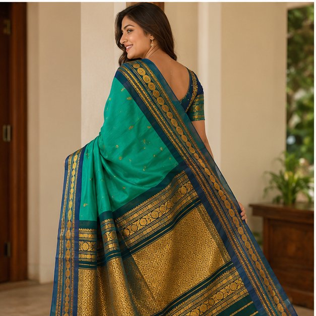 GADWAL SICO SAREE(RAMA GREEN AND TEAL BLUE) - View 2