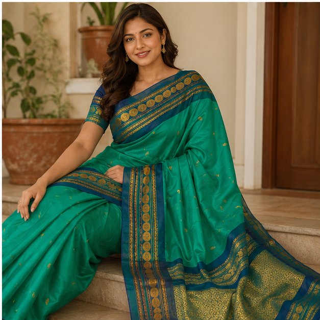 GADWAL SICO SAREE(RAMA GREEN AND TEAL BLUE) - View 3