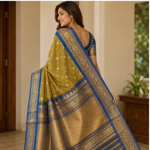 GADWAL SICO SAREE (OLIVE MUSTARD AND PEACOCK BLUE)