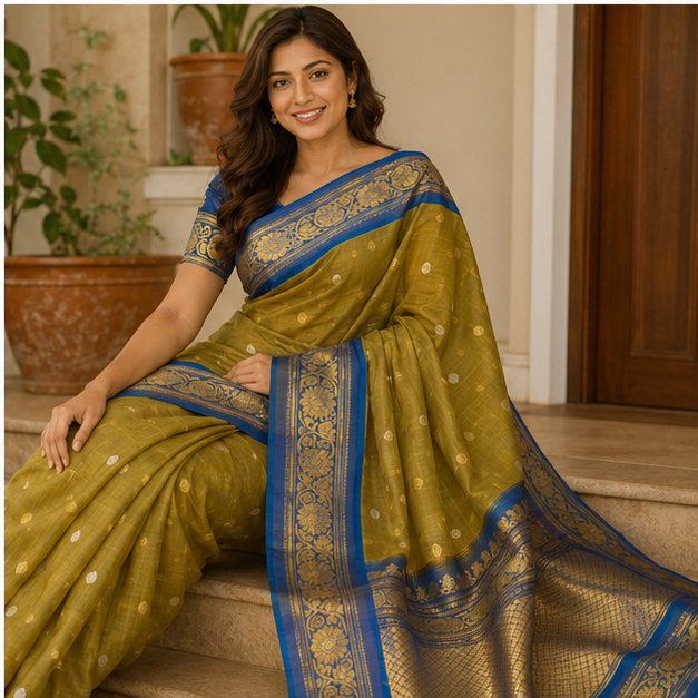 GADWAL SICO SAREE (OLIVE MUSTARD AND PEACOCK BLUE) - View 2