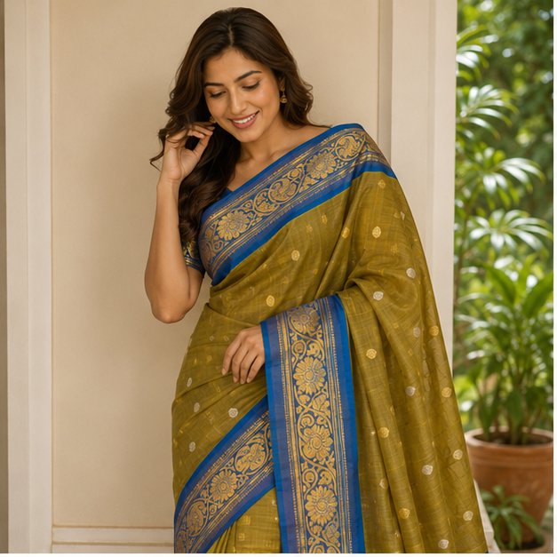 GADWAL SICO SAREE (OLIVE MUSTARD AND PEACOCK BLUE) - View 3