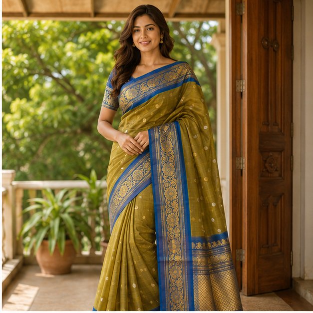 GADWAL SICO SAREE (OLIVE MUSTARD AND PEACOCK BLUE) - View 4