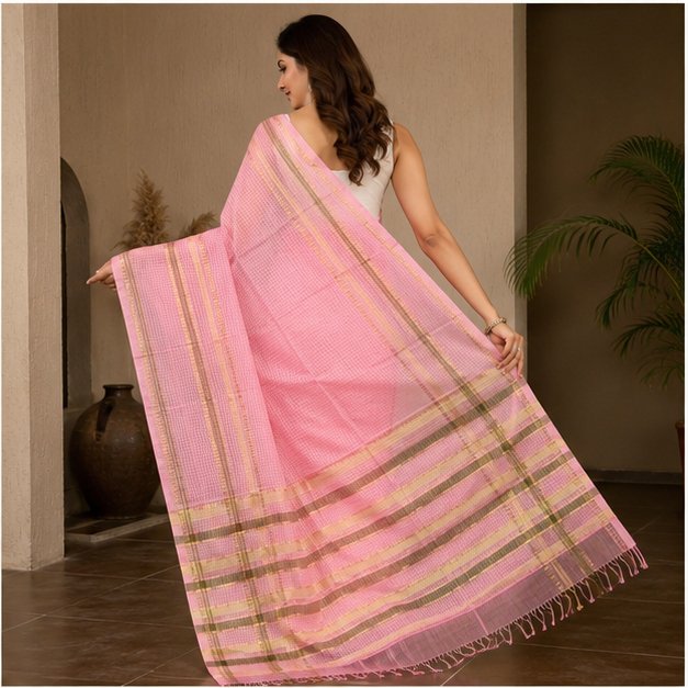 MANGALGIRI 6 LINE ZARI BORDER COTTON SAREE - Color:BABY PINK