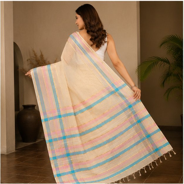 MANGALGIRI 6 LINE ZARI BORDER COTTON SAREE - Color:SOFT VANILLA CREAM